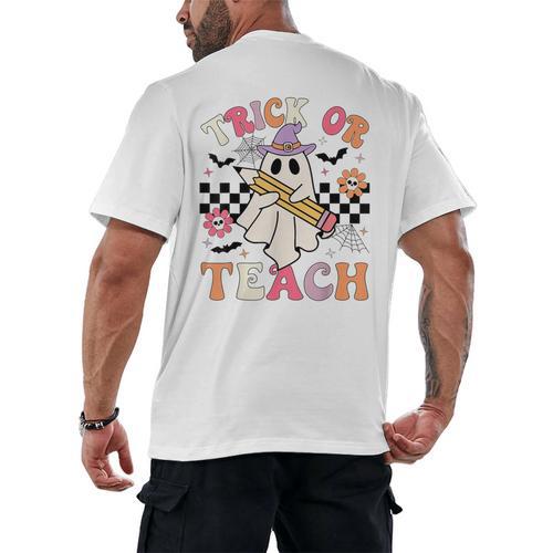 Trick Or Teach Groovy Teacher Halloween Retro Floral Ghost Men's Back Print T-Shirt - teacherstshirts.com CA