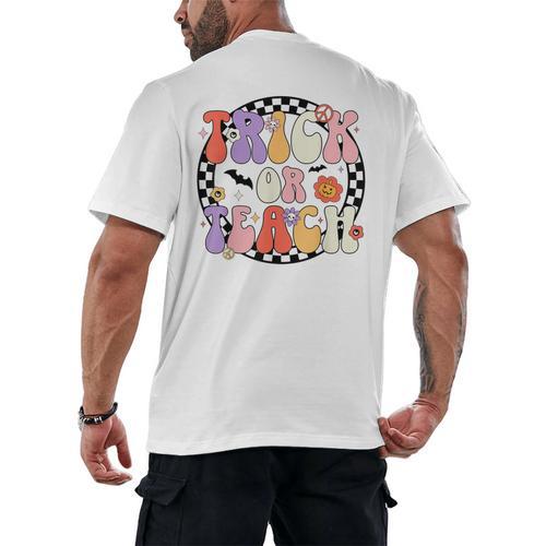 Trick Or Teach Retro Groovy Halloween Teacher Men's Back Print T-Shirt - teacherstshirts.com UK