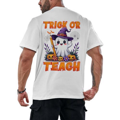 Trick Or Teach Teacher Halloween Ghost Pencil Floral Men's Back Print T-Shirt - teacherstshirts.com