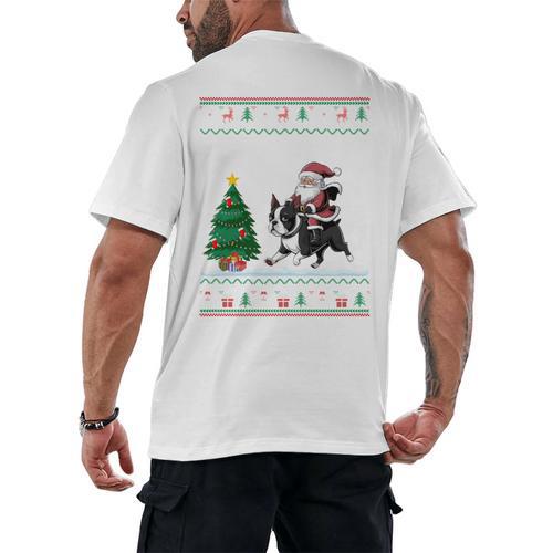 Ugly Christmas Tree Lights Xmas Santa Riding Boston Terrier Men's Back Print T-Shirt - Bostonterriersmerch.com