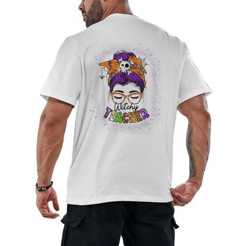 Witchy Teacher Halloween Messy Bun Teacher Bleached Men's Back Print T-Shirt - teacherstshirts.com AU