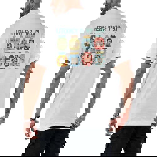 Women Literacy Is My Jam Literacy Teacher Reading Teacher Men&#x27;s Back Print T-Shirt - teacherstshirts.com