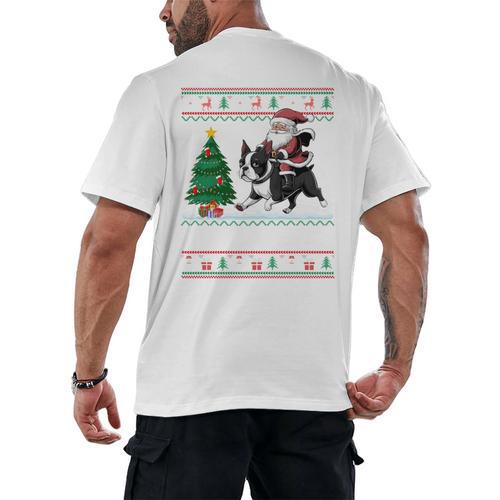 Xmas Tree Lighting Santa Riding Boston Terrier Christmas Men's Back Print T-Shirt - Bostonterriersmerch.com