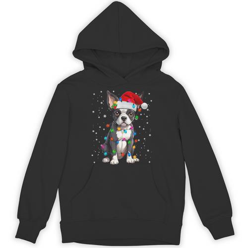 Boston Terrier Christmas Santa Hat Tree Lights Pajama Unisex Hoodie - Bostonterriersmerch.com