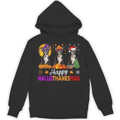 Boston Terrier Dog Halloween Christmas Hallothanksmas Men Women Kids Unisex Hoodie - Bostonterriersmerch.com