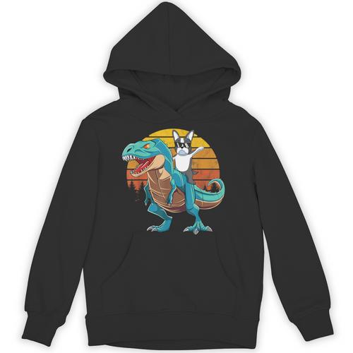 Boston Terrier Dog Riding Dinosaur T Rex Boys Unisex Hoodie - Bostonterriersmerch.com