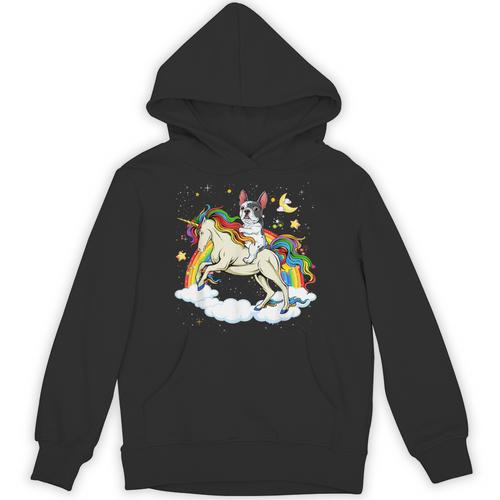 Boston Terrier Riding Unicorn Boys Girls Kids Rainbow Unisex Hoodie - Bostonterriersmerch.com