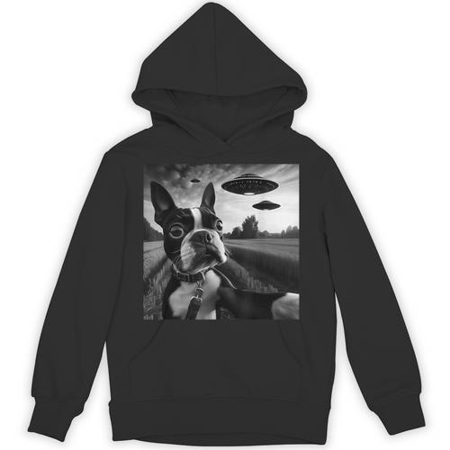 Boston Terrier Graphic Selfie With UFOs Weird Aliens Unisex Hoodie - Bostonterriersmerch.com