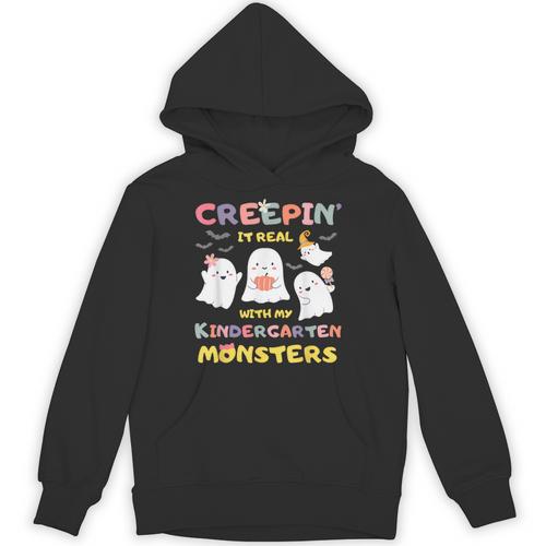 Creepin It Real With Kindergarten Monsters Halloween Teacher Unisex Hoodie - teacherstshirts.com AU