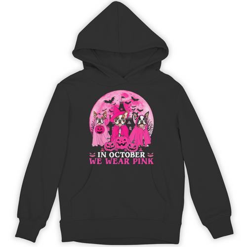 Ghost And Witch Boston Terrier Dog In October We Wear Pink Unisex Hoodie - Bostonterriersmerch.com