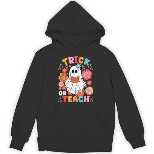 Groovy Halloween Trick Or Teach Retro Floral Ghost Teacher For Men Women Kids Unisex Hoodie - teacherstshirts.com DE