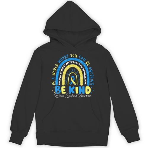 Be Kind Rainbow Down Syndrome Awareness Teacher Blue Yellow Unisex Hoodie - teacherstshirts.com AU