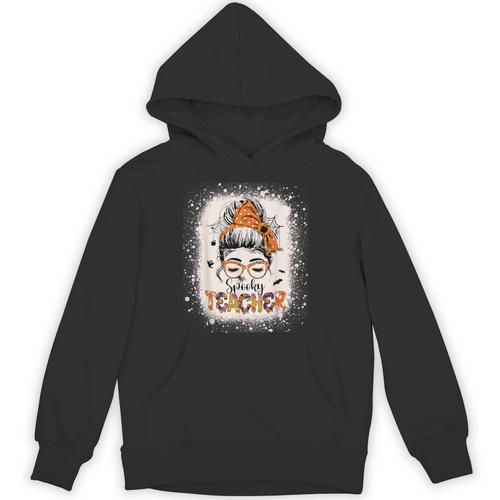 Messy Bun Spooky Teacher Bleached Halloween Teachers Unisex Hoodie - teacherstshirts.com DE