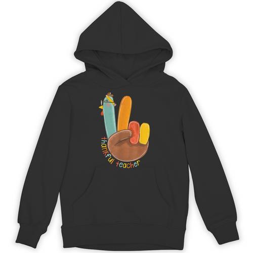 One Thankful Teacher Thanksgiving Turkey Peace Hand Sign Unisex Hoodie - teacherstshirts.com DE