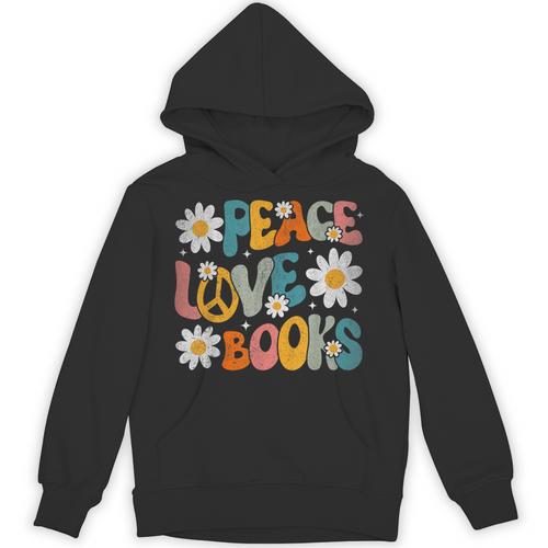 Peace Love Books Bookworm Librarian Reading Teacher Groovy Unisex Hoodie - teacherstshirts.com AU