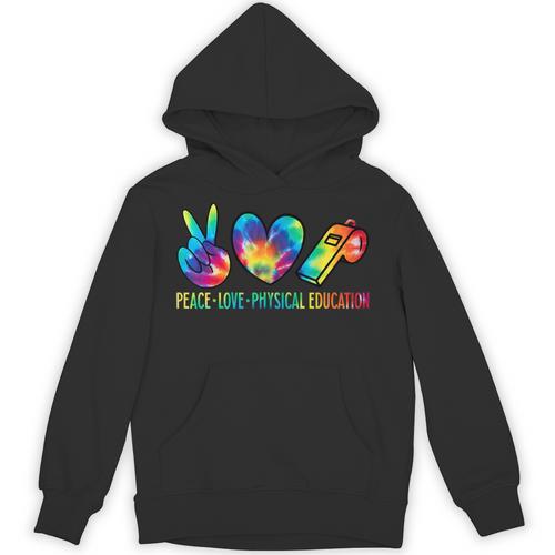 Peace Love Physical Education Tie Dye Sports PE Teacher Unisex Hoodie - teacherstshirts.com