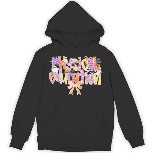 Physical Education Halloween Bow Checkered Teacher Ghost PE Unisex Hoodie - teacherstshirts.com CA