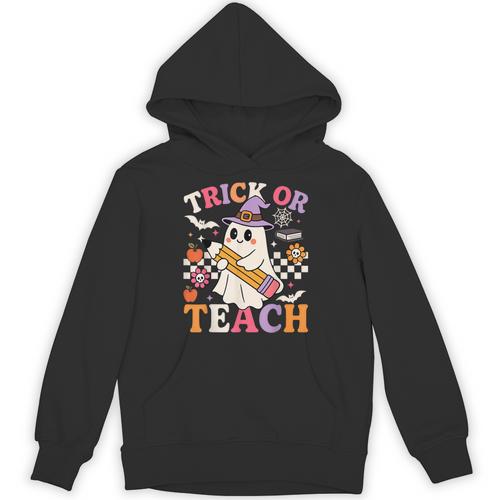 Retro Floral Ghost Trick Or Teach Groovy Teacher Halloween Unisex Hoodie - teacherstshirts.com AU