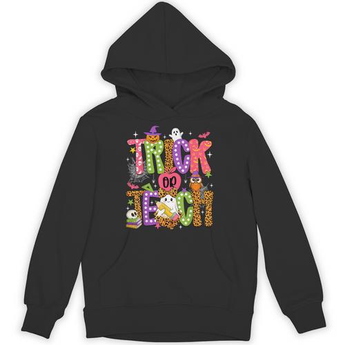 Retro Trick Or Teach Leopard Ghost Halloween Spooky Teacher Unisex Hoodie - teacherstshirts.com UK