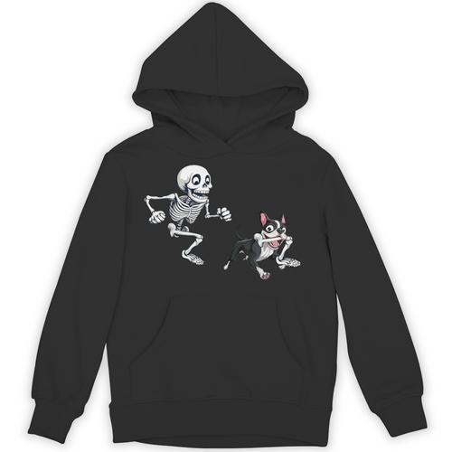 Skeleton Chasing Dog Boston Terrier Halloween Pet Lover Unisex Hoodie - Bostonterriersmerch.com