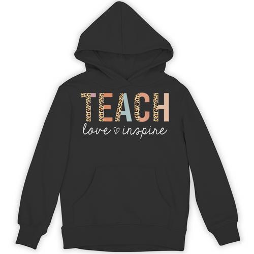 Teach Love Inspire Leopard Back To School Cute Teacher Men Women Girls Kids Unisex Hoodie - teacherstshirts.com DE