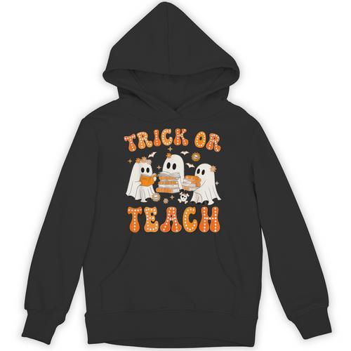 Teacher Halloween Trick Or Teach Retro Groovy Floral Ghost Unisex Hoodie - teacherstshirts.com AU