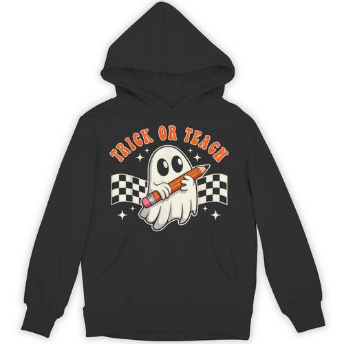 Trick Or Teach Groovy Retro Ghost Halloween Teacher Kids Unisex Hoodie - teacherstshirts.com DE