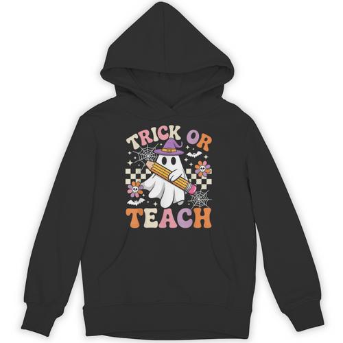 Trick Or Teach Groovy Teacher Halloween Retro Ghost Unisex Hoodie - teacherstshirts.com AU