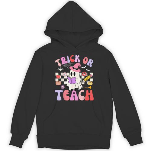 Trick Or Teach Halloween Teacher Floral Ghost Groovy Unisex Hoodie - teacherstshirts.com AU