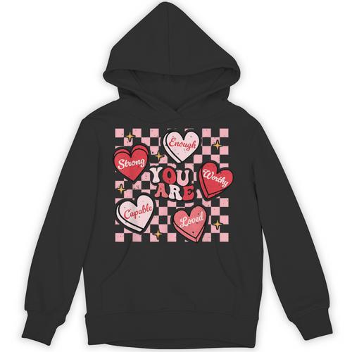 Valentine You Are Loved Worthy Enough Candy Heart Teacher For Men Women Girls Kids Unisex Hoodie - teacherstshirts.com