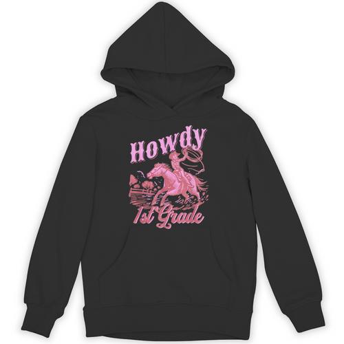 Vintage Howdy First Grade Cowgirl Teacher Western School Unisex Hoodie - teacherstshirts.com UK