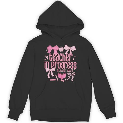 Women Teacher In Progress Coquette Pink Bow Future Teacher Unisex Hoodie - teacherstshirts.com DE