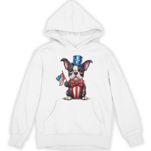 Boston Terrier Puppy Dog Holds His American Flag 4th Of July Unisex Hoodie - Bostonterriersmerch.com