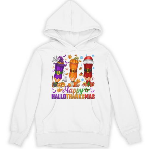 Happy Hallothanksmas Halloween Thanksgiving Pencils Teachers Unisex Hoodie - teacherstshirts.com CA