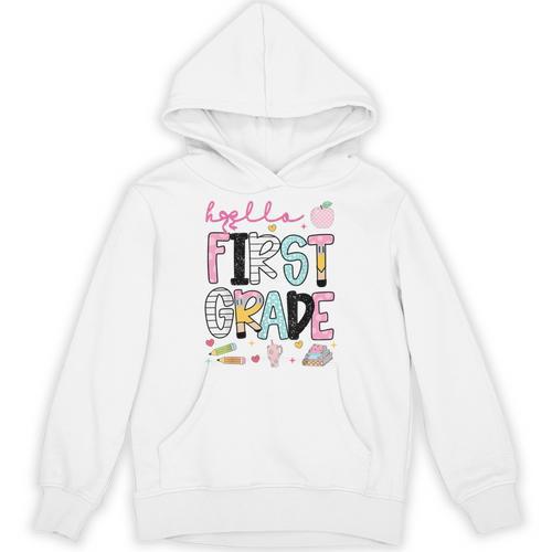 Hello First Grade Teacher Coquette Pencil Bow Back To School Unisex Hoodie - teacherstshirts.com UK