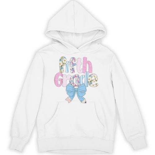 Preppy Fifth Grade Teacher Blue Floral Coquette Pencil Bow Unisex Hoodie - teacherstshirts.com AU