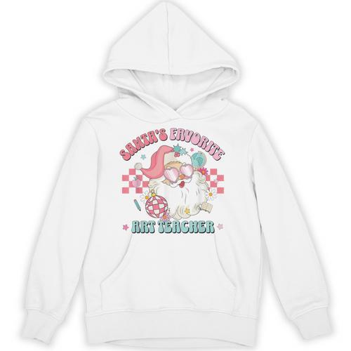 Retro Pink Christmas Santa's Favorite Art Teacher Artist Unisex Hoodie - teacherstshirts.com UK