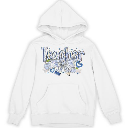 Teacher Blue Chinoiserie Coquette Bow Heart Teacher Life Unisex Hoodie - teacherstshirts.com CA