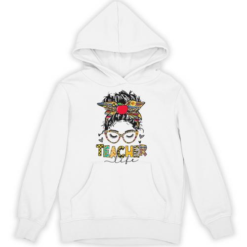 Teacher Life Messy Bun Glasses Leopard Sunflower Unisex Hoodie - teacherstshirts.com CA