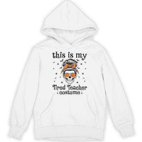 This Is My Tired Teacher Costume Skull Halloween Messy Bun Unisex Hoodie - teacherstshirts.com DE