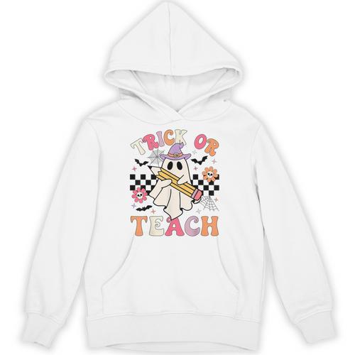 Trick Or Teach Groovy Teacher Halloween Retro Floral Ghost Unisex Hoodie - teacherstshirts.com AU