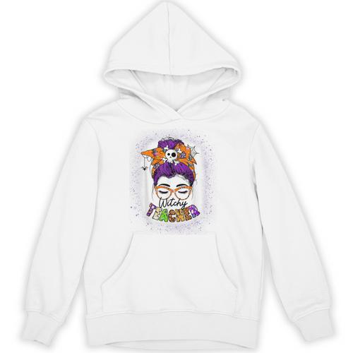 Witchy Teacher Halloween Messy Bun Teacher Bleached Unisex Hoodie - teacherstshirts.com DE