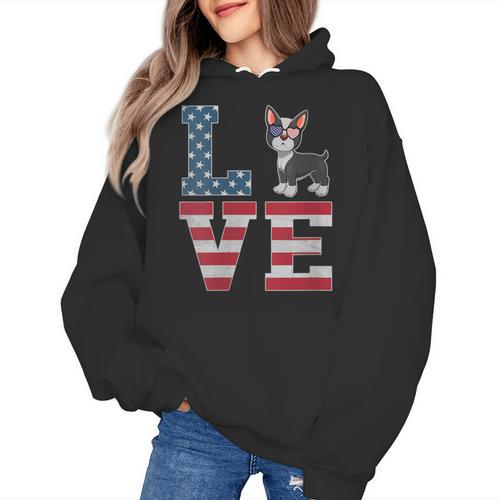 4th Of July Decor Patriotic LOVE Boston Terrier USA Flag Women's Hoodie - Bostonterriersmerch.com