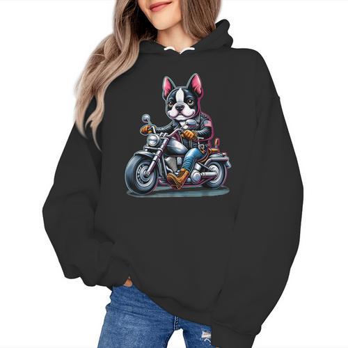 Biker Boston Terrier Dog Riding Motorbike Women's Hoodie - Bostonterriersmerch.com