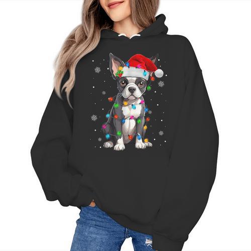 Boston Terrier Christmas Santa Hat Tree Lights Pajama Women's Hoodie - Bostonterriersmerch.com