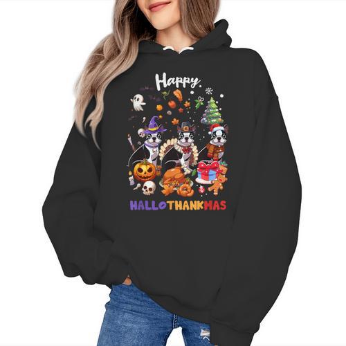 Boston Terrier Dog Christmas Happy Hallothankmas Halloween For Men Women Kids Women's Hoodie - Bostonterriersmerch.com