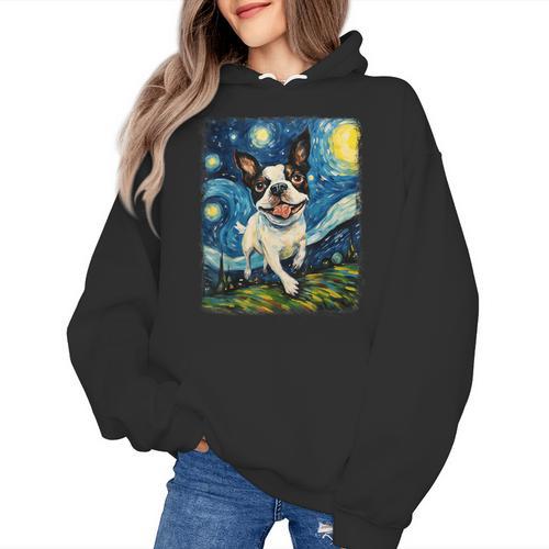 Boston Terrier Dog Starry Night Painting Women's Hoodie - Bostonterriersmerch.com