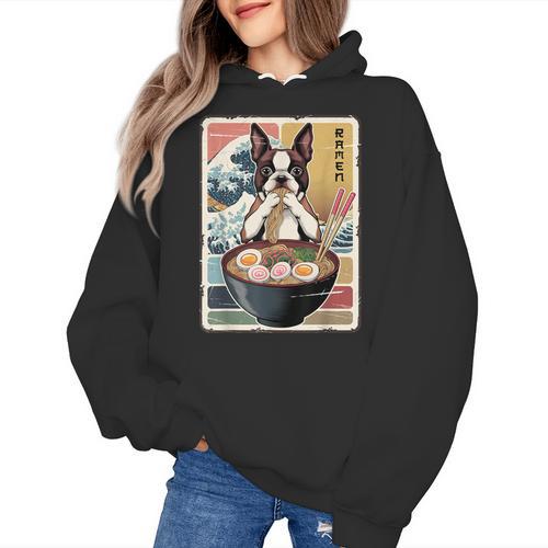 Boston Terrier Ramen Noodles Japanese Art Retro Ocean Waves Women's Hoodie - Bostonterriersmerch.com