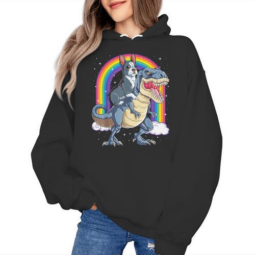 Boston Terrier Riding Dinosaur T-Rex Boys Kids Rainbow Women's Hoodie - Bostonterriersmerch.com