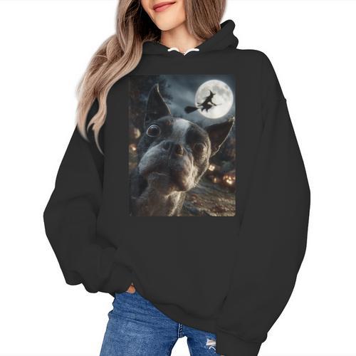 Boston Terrier Selfie Full Moon Flying Witch Halloween Dog Women's Hoodie - Bostonterriersmerch.com